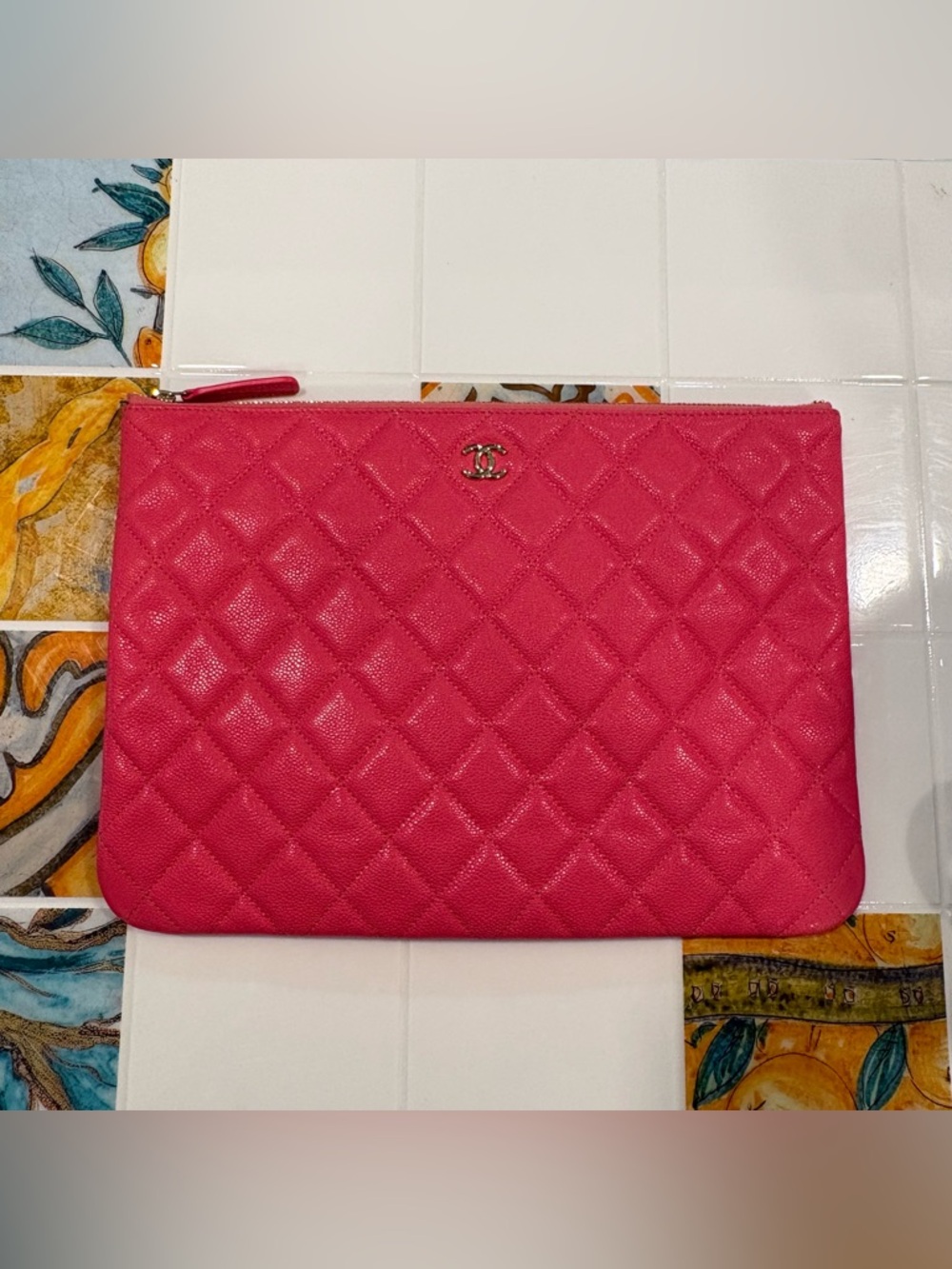 CHANEL Hot Pink Quilted Leather O-case Pouch with CC logo